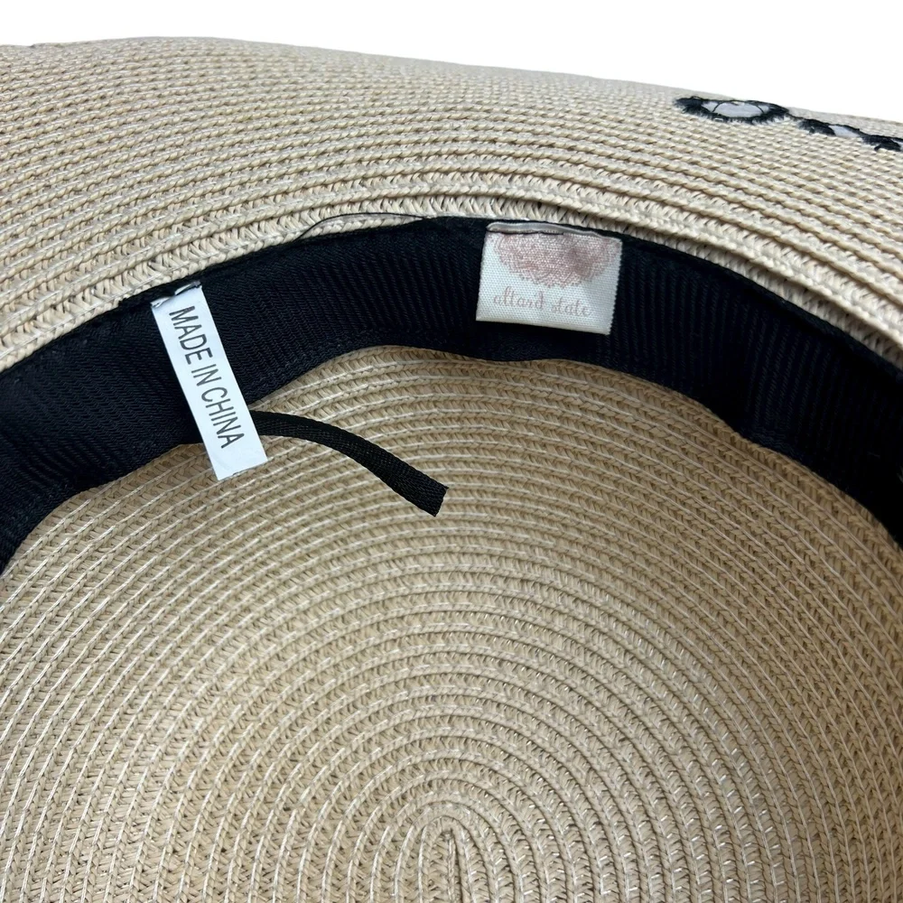 Altar'd State Just Married Embroidered‎ Packable Straw Paper Hat Pom Pom Summer